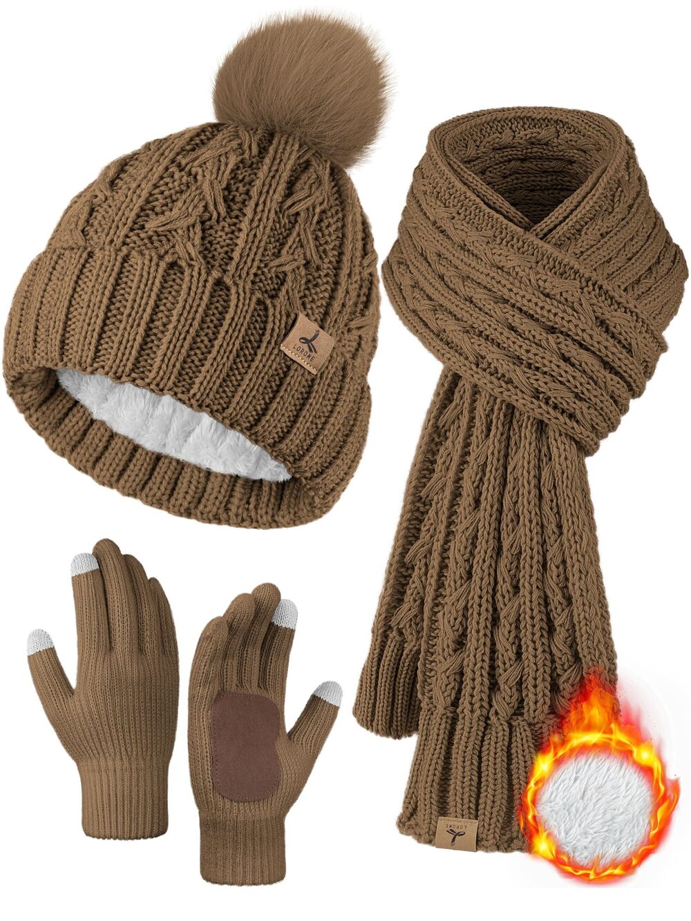 4865 Winter Hat Scarf Gloves Set,Fleece Lined Pom Pom Beanie Hat Warm Knit